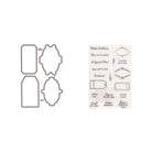 Links siehst du die Stanzens aus dem Clear Stamp und Stanzen Set - Vintage Label mit englischen Texten von Stanzenshop.de, perfekt für DIY Nostalgie-Geschenkanhänger; rechts die passende Stempelplatte mit englischen Grüßen.