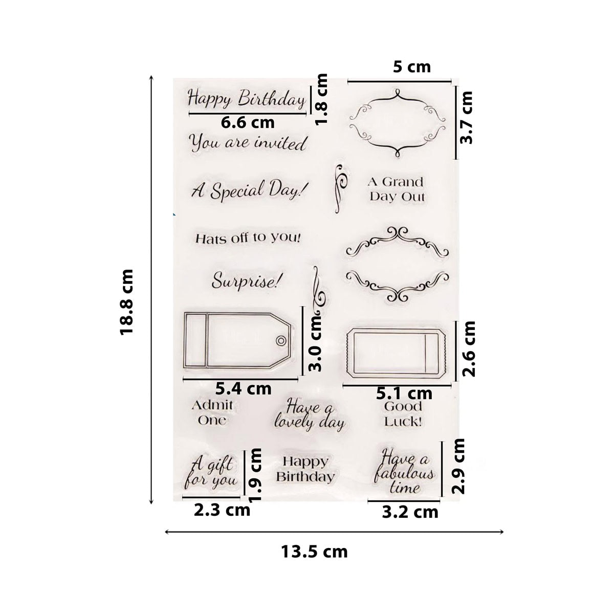 Das Stanzenshop.de Clear Stamp und Stanzen Set - Vintage Label mit englischen Texten bietet Grüße, verschnörkelte Rahmen und Geschenkanhänger für DIY-Anhänger-Projekte; jeder ist in der Größe angepasst und verleiht Vintage-Flair. Blatt: 18,8 x 13,5 cm.