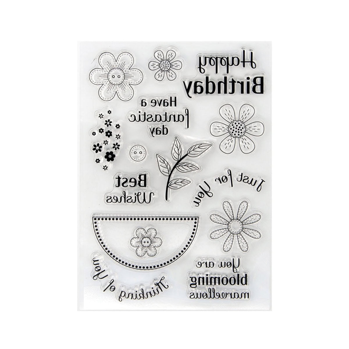 Der Clear Stamp - Blumen & Wünsche zum Geburtstag von Stanzenshop.de zeigt florale Motive und umgekehrte Geburtstagswünsche - ideal für die Gestaltung einzigartiger Geburtstagskarten. Alle Motive sind übersichtlich auf einem weißen Hintergrund angeordnet.