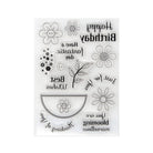 Der Clear Stamp - Blumen & Wünsche zum Geburtstag von Stanzenshop.de zeigt florale Motive und umgekehrte Geburtstagswünsche - ideal für die Gestaltung einzigartiger Geburtstagskarten. Alle Motive sind übersichtlich auf einem weißen Hintergrund angeordnet.
