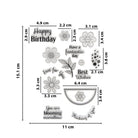 Der Clear Stamp - Blumen & Wünsche zum Geburtstag von Stanzenshop.de zeigt florale Motive und Grüße wie "Happy Birthday", "Just for You" und "Best Wishes" auf einem 11 x 15,1 cm großen Bogen, perfekt für Geburtstagskarten.