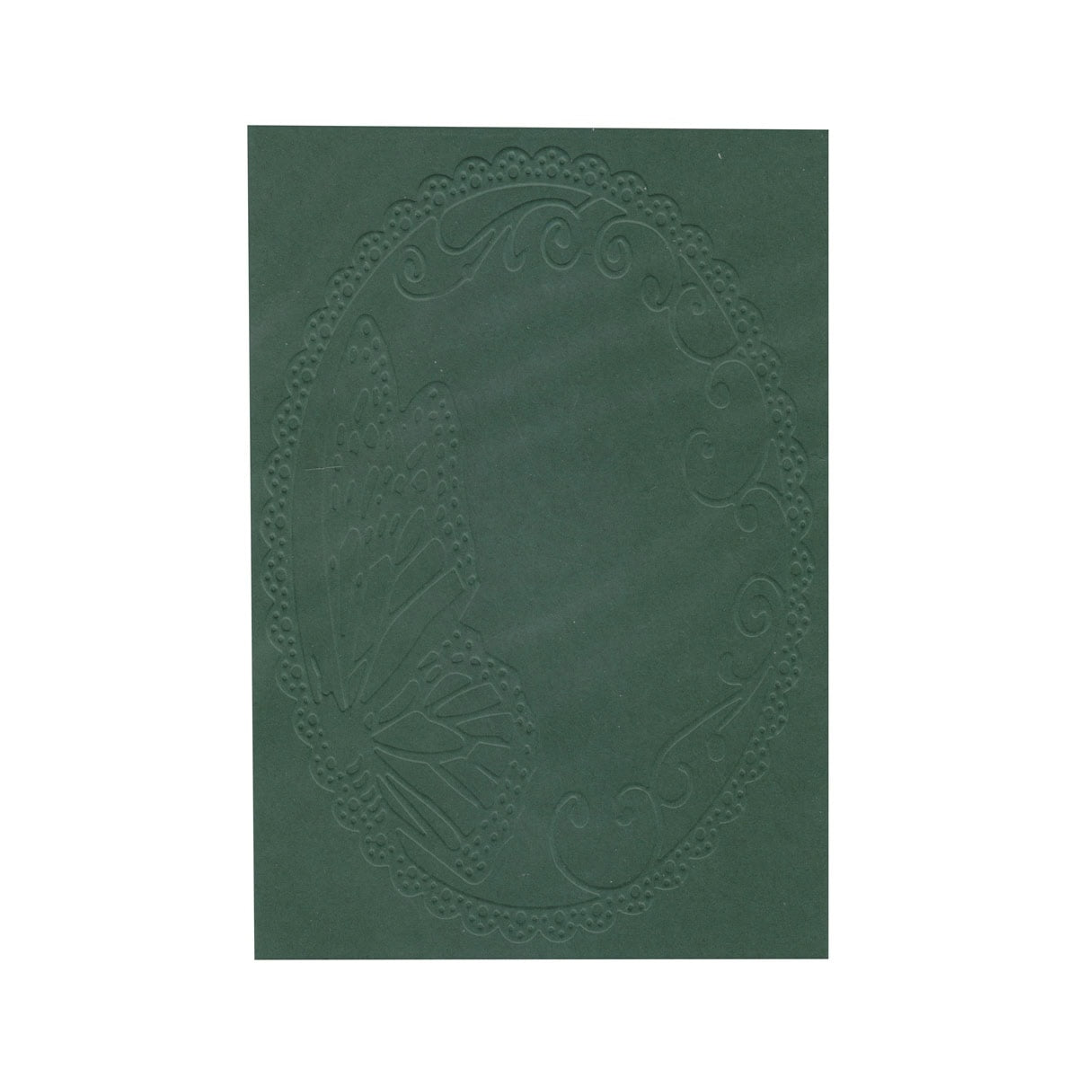 Der Embossing Folder - Schmetterling im Spitzenrahmen von Stanzenshop.de zaubert eine dunkelgrüne Karte mit einem partiellen Schmetterlingsmotiv und einem verschnörkelten ovalen Spitzenrand in der Mitte.