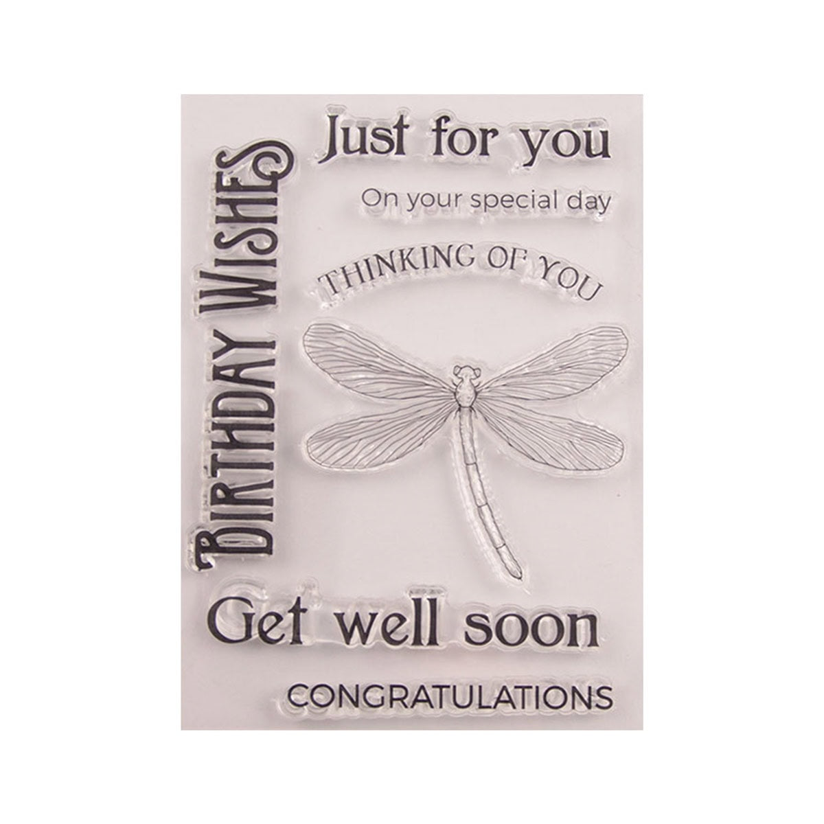 Die Clear Stamp "Libelle & liebevolle Wünsche" von Stanzenshop.de zeigt eine stilvolle Libellen-Illustration und Sprüche wie "Geburtstagswünsche", "Just for you", "Thinking of you", "Get well soon" und "Congratulations".