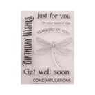 Die Clear Stamp "Libelle & liebevolle Wünsche" von Stanzenshop.de zeigt eine stilvolle Libellen-Illustration und Sprüche wie "Geburtstagswünsche", "Just for you", "Thinking of you", "Get well soon" und "Congratulations".