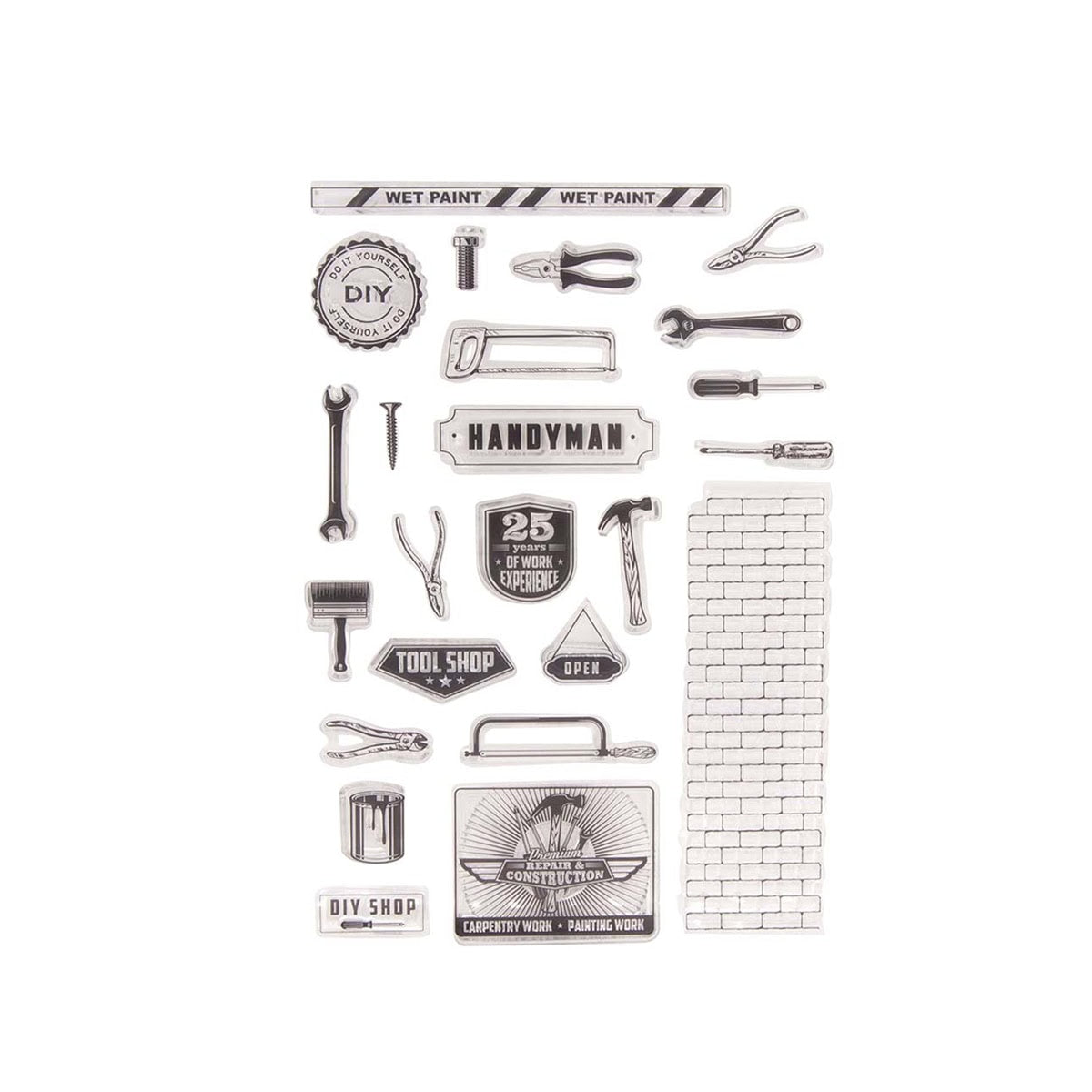 Das Clear Stamp - Werkzeug-Set für echte Macher von Stanzenshop.de bietet schwarz-weiße Handwerker-Motive mit Werkzeugen, Schildern, Ziegelmauer und Aufschriften wie "TOOL SHOP" - ideal für Männerkarten oder DIY-Projekte.