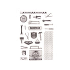 Das Clear Stamp - Werkzeug-Set für echte Macher von Stanzenshop.de bietet schwarz-weiße Handwerker-Motive mit Werkzeugen, Schildern, Ziegelmauer und Aufschriften wie "TOOL SHOP" - ideal für Männerkarten oder DIY-Projekte.