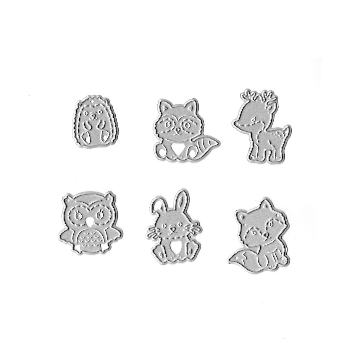 Die Stanzschablone Mini Waldtiere von Stanzenshop.de enthält sechs silberne Tierstempel - Igel, Katze, Reh, Eule, Hase und Fuchs - ideal für kreative Geschenkverpackungen oder Bastelarbeiten im Kindergarten.