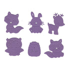 Sechs Mini-Waldtiere von Stanzenshop.de - Fuchs, Hase, Reh, Eule, Igel und Waschbär - in zwei Reihen auf Weiß angeordnet; ideal für Kindergartenprojekte oder kreative Geschenkverpackungen.