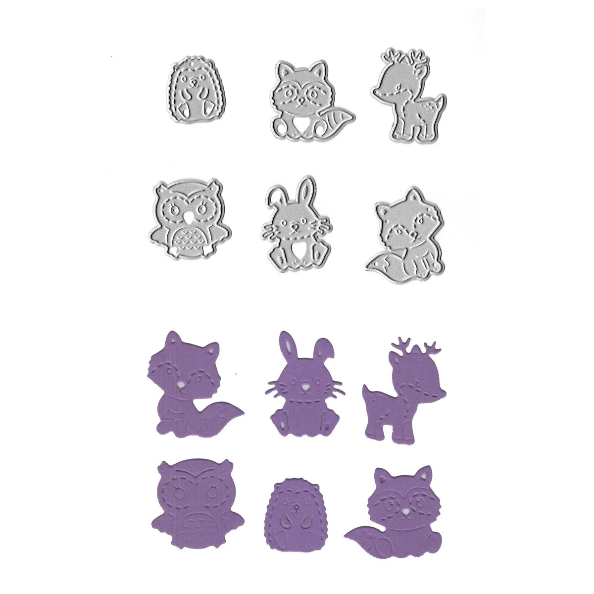 Stanzenshop.de Stanzschablone Mini Waldtiere: 12 Tier-Metallstanzen mit lila Ausstanzungen (Eule, Waschbär, Reh, Igel, Hase, Fuchs), ideal für Kinderkarten oder Geschenkverpackungen - alle ordentlich auf weißem Hintergrund.