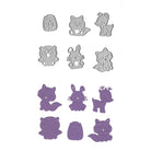 Stanzenshop.de Stanzschablone Mini Waldtiere: 12 Tier-Metallstanzen mit lila Ausstanzungen (Eule, Waschbär, Reh, Igel, Hase, Fuchs), ideal für Kinderkarten oder Geschenkverpackungen - alle ordentlich auf weißem Hintergrund.