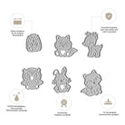 Die Stanzschablone Mini Waldtiere von Stanzenshop.de enthält sechs Metallstanzen - Igel, Katze, Hirsch, Eule, Hase und Fuchs - ideal für Karten und Geschenkverpackungen. Ein deutscher Text unterstreicht den kreativen Einsatz.