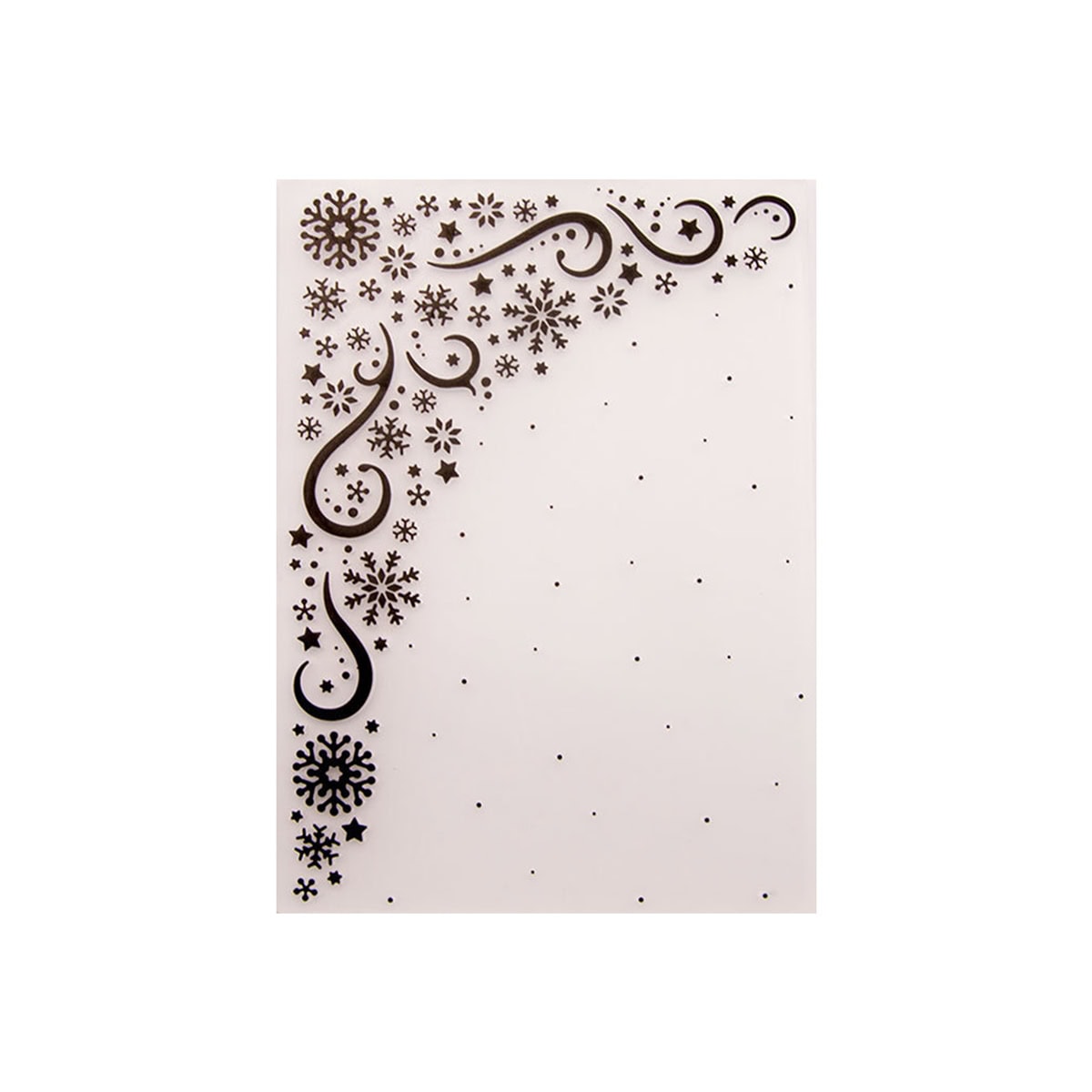 Der Embossing Folder - Schneeflockenrahmen mit Sternen von Stanzenshop.de kreiert einen weißen Bogen mit einem schwarzen Rand aus Wirbeln, Sternen und Schneeflocken - ideal als Kartenhintergrund für Ihre Winterprojekte.