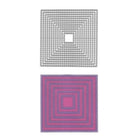 Zwei "Stanzschablone Quadrate mit Wellenrand" von Stanzenshop.de sind vertikal angeordnet - oben ein metallischer Umriss, unten eine pinke Fläche. Ideal als dekorativer Akzent für kreative Projekte.