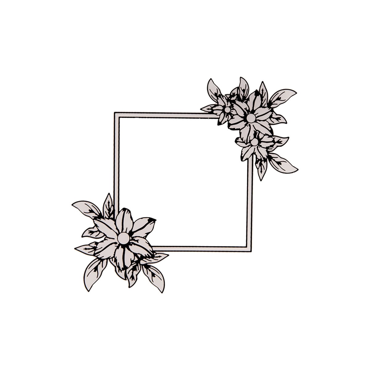 Der Embossing Folder - Blumenrahmen für deine Karten von Stanzenshop.de zeigt einen schlichten quadratischen Blumenrahmen mit Verzierungen in der linken unteren und rechten oberen Ecke, ideal für Grußkarten oder Embossing-Motive auf weißem Hintergrund.