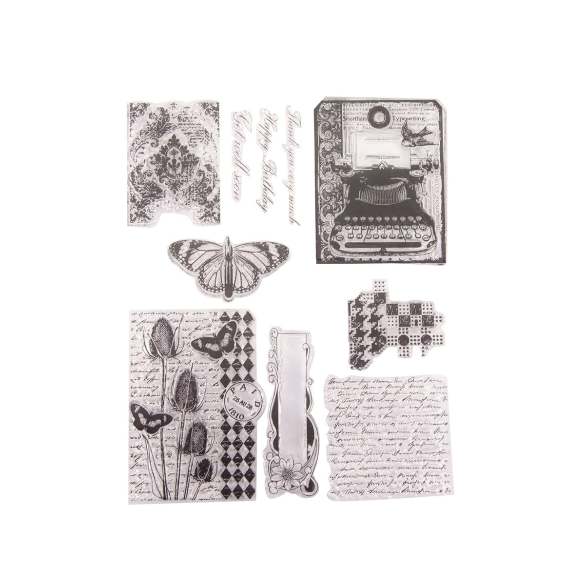 Der Clear Stamp - Vintage Mix mit Schreibmaschine von Stanzenshop.de zeigt Motive im Vintage-Stil wie einen Schmetterling, eine Schreibmaschine, Tulpen, handgeschriebenen Text und nostalgische Muster auf weißem Hintergrund.