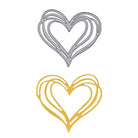 Die Stanzschablone Herz im Linien-Look von Stanzenshop.de zeigt silberne und gelbe, übereinander angeordnete Linien-Herzen auf Weiß - ideal für Hochzeitseinladungen oder Valentinskarten.