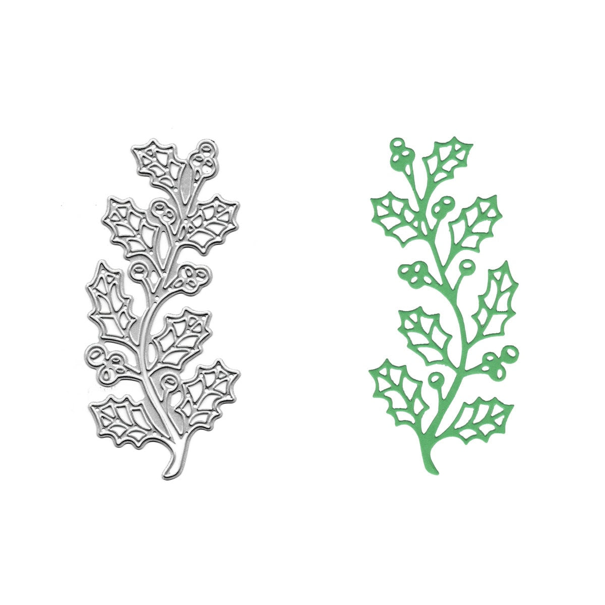 Die Stanzschablone Mistelzweig von Stanzenshop.de und ein grünes Papiermotiv sind abgebildet - ideal für kreative Bastelideen in der Weihnachtszeit.