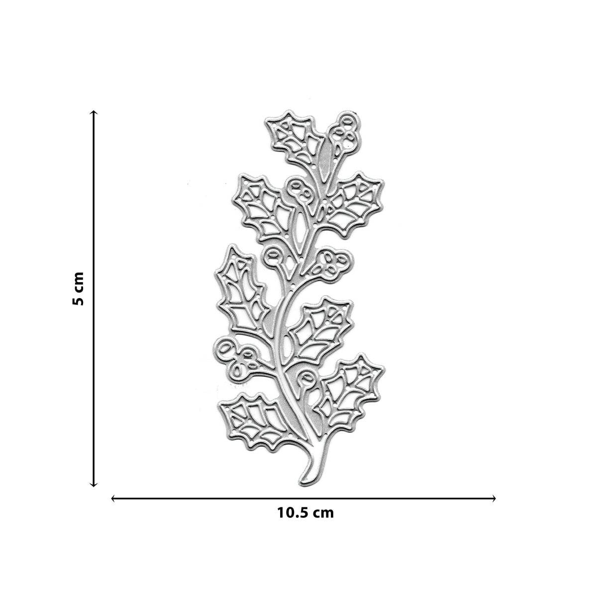 Die Stanzschablone Mistelzweig von Stanzenshop.de ist eine Metallstanze in Form eines Stechpalmenzweigs mit Beeren, ideal für Bastelideen in der Weihnachtszeit, und misst 5 cm hoch und 10,5 cm breit.