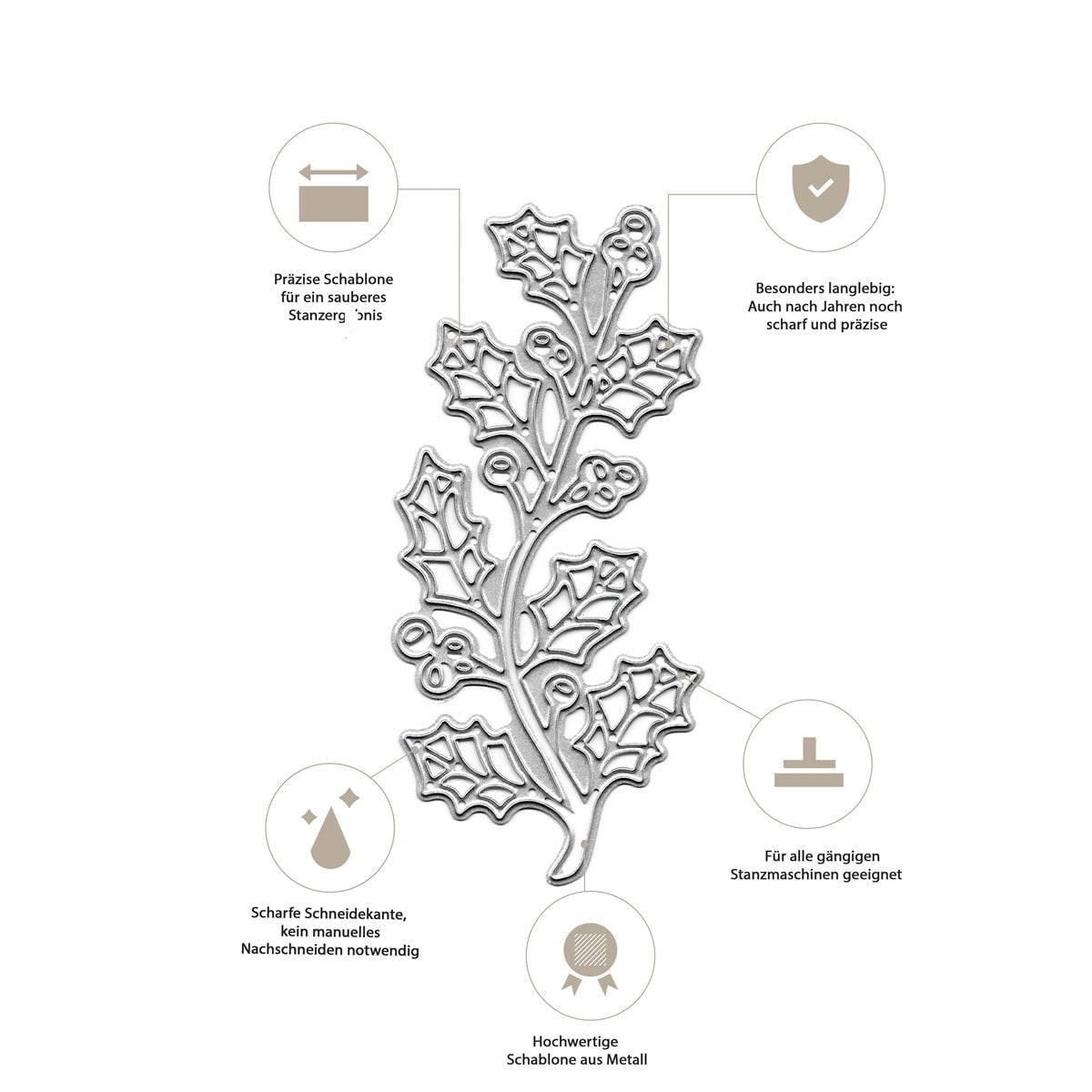 Die Stanzschablone Mistelzweig von Stanzenshop.de ist aus hochwertigem Metall gefertigt, zeichnet sich durch präzise und scharfe Kanten aus und eignet sich ideal für kreative Bastelideen in der Weihnachtszeit.