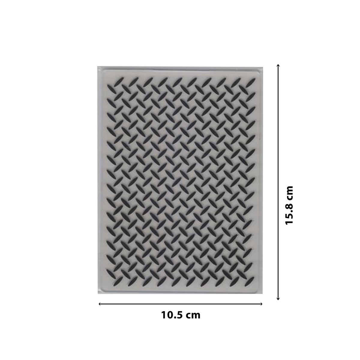 Der Embossing Folder Metallplatte Struktur von Stanzenshop.de mit schwarzem Rautenmuster und Prägefläche eignet sich perfekt für Deko-Projekte oder Bastelideen und hat die Maße 15,8 cm x 10,5 cm.