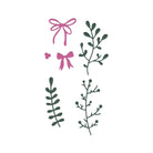 Vier grüne botanische Silhouetten und drei rosa Schleifen aus dem Stanzschablone Zweige & Schleifen-Mix von Stanzenshop.de, arrangiert auf weißem Hintergrund für eine charmante Mischung aus Geschenkdeko, Naturmotiven und floralen Designs.
