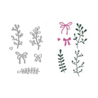 Der Stanzschablone Zweige & Schleifen-Mix von Stanzenshop.de zeigt Umrisse von Zweigen und Schleifen links, mit passenden colorierten Varianten in Grün und Pink rechts - ideal für florale Designs oder Geschenkdeko mit Naturmotiven.