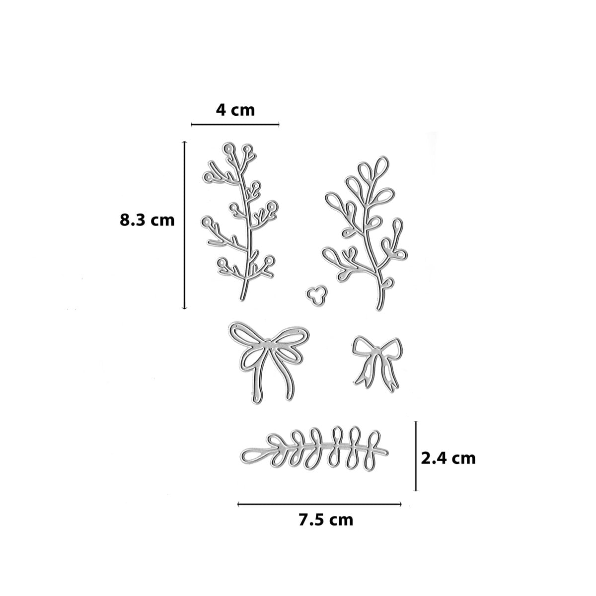Die Stanzschablone Zweige & Schleifen-Mix von Stanzenshop.de zeichnet sich durch Konturenmotive von blättrigen Zweigen, Schleifen, einem Herz und einem Rand mit beschrifteten Größen aus - ideal für Geschenkdeko oder Naturmotive in Ihren kreativen Projekten.