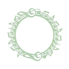 Die Stanzschablone Musiknoten-Kranz von Stanzenshop.de zeigt einen kreisförmigen Kranz aus hellgrünen Noten und Notensystemen, der eine dekorative Umrandung mit einer leeren Mitte bildet - ideal für kreative Bastelprojekte.