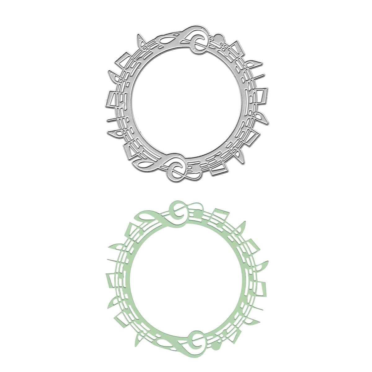 Zwei kreisförmige Stanzschablonen Musiknoten-Kranz von Stanzenshop.de, eine in Silbermetallic und eine in Hellgrün, ideal für Bastelprojekte, abgebildet auf weißem Hintergrund.