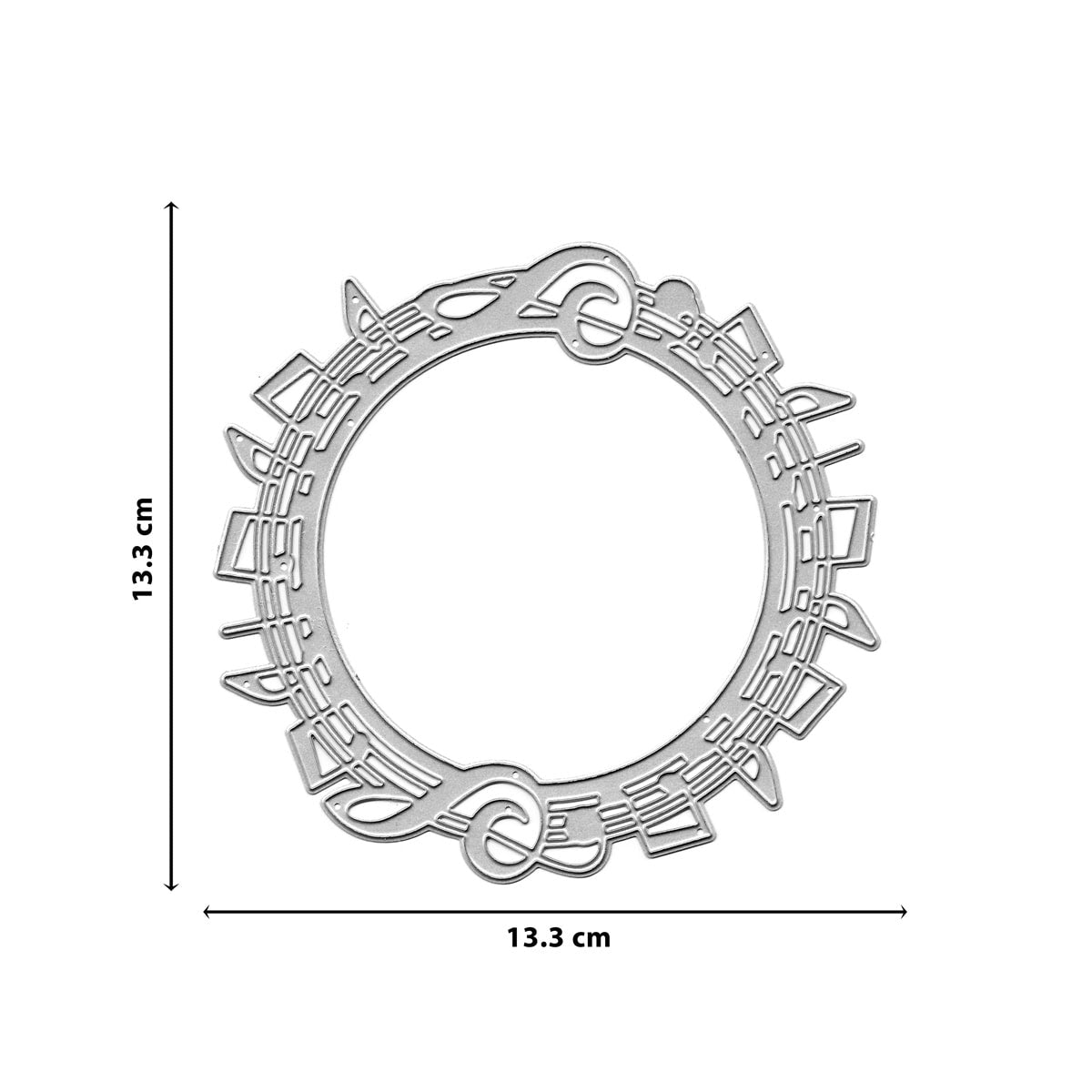 Die Stanzschablone Musiknoten-Kranz von Stanzenshop.de ist ein kreisrunder Metallstempel (13,3 cm Durchmesser) mit Musiknoten und Violinschlüsseln am Rand - ideal für kreative Bastelprojekte.