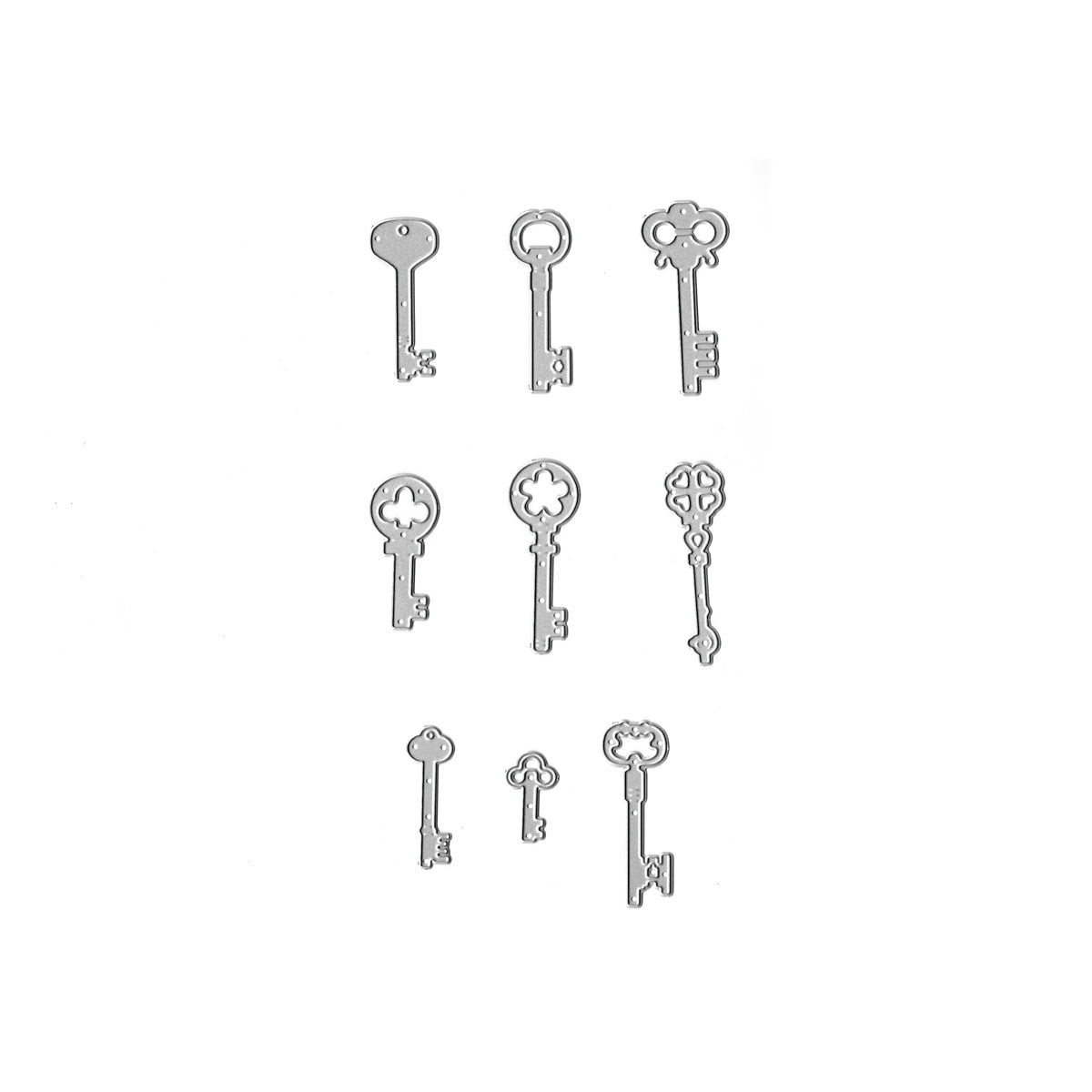 Das Stanzschablone Vintage-Schlüssel Set von Stanzenshop.de enthält neun verschieden geformte Metallschlüssel und verleiht Bastelprojekten nostalgischen Charme sowie zahlreiche Gestaltungsmöglichkeiten mit Schlüsselmotiven.