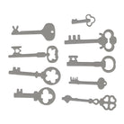 Das Stanzschablone Vintage-Schlüssel Set von Stanzenshop.de bietet neun einzigartige Metallschlüssel im Vintage-Stil in zwei vertikalen Spalten auf weißem Hintergrund - ideal für Bastelideen oder dekorative Displays.