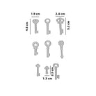 Das Stanzschablone Vintage-Schlüssel Set von Stanzenshop.de zeigt acht einzigartig geformte Schlüssel im Retro-Stil auf weißem Hintergrund, mit beschrifteten Zentimeterangaben neben ausgewählten Motiven - ideal für Bastelideen.