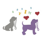 Die Stanzschablone Hunde mit Leine von Stanzenshop.de zeigt zwei Hunde-Silhouetten, eine graue und eine lilafarbene, mit Leinen im Maul. Bunte Buchstaben, Herzen und Formen verzieren den weißen Hintergrund - ideal für Hundefans!.