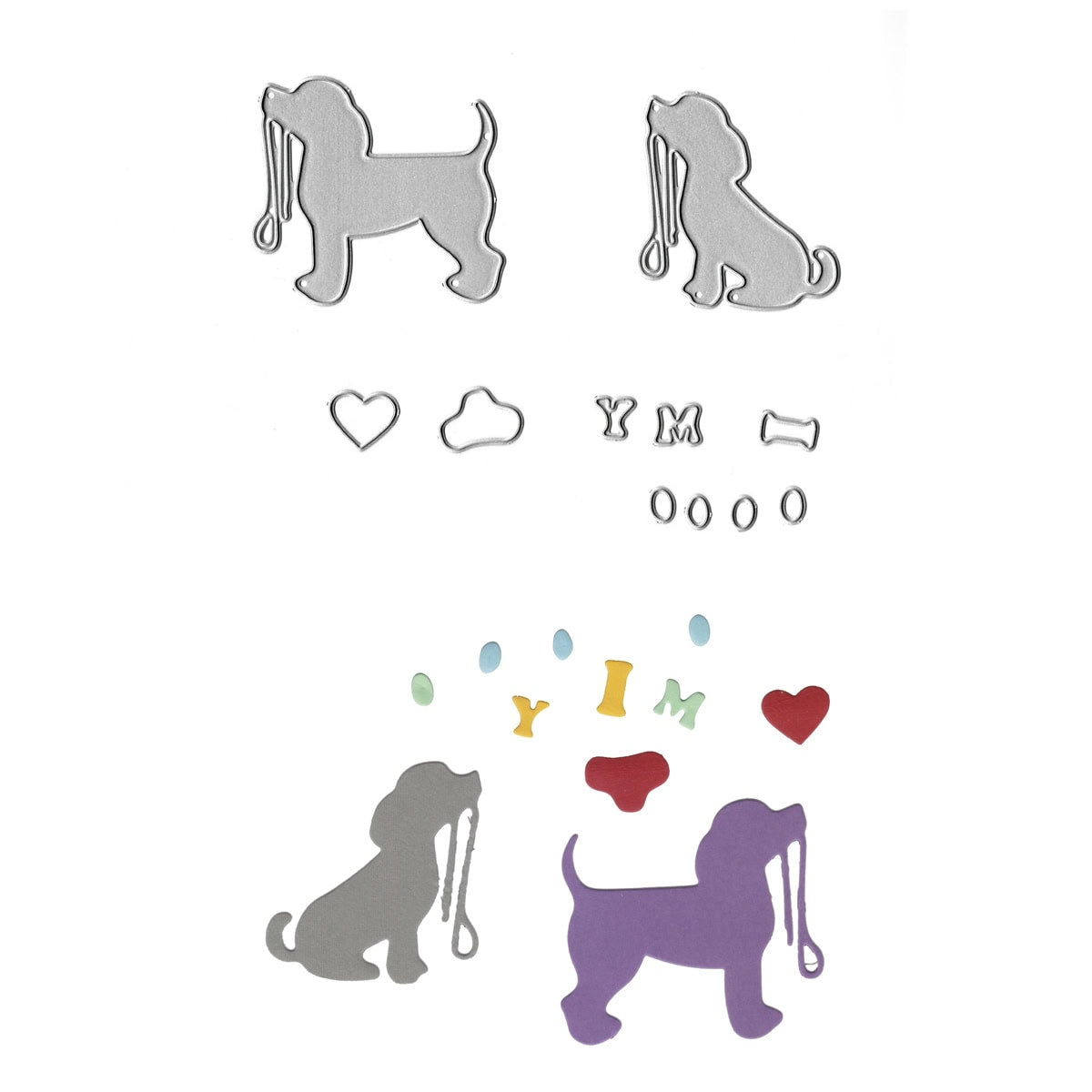 Die Stanzschablone Hunde mit Leine von Stanzenshop.de zeigt gestanzte Metallformen - Hunde, Herzen, einen Knochen, Buchstaben und Ovale - über passenden bunten Papierausschnitten auf einem weißen Hintergrund. Perfekt für Hundeliebhaber oder zum Basteln von Geschenken.