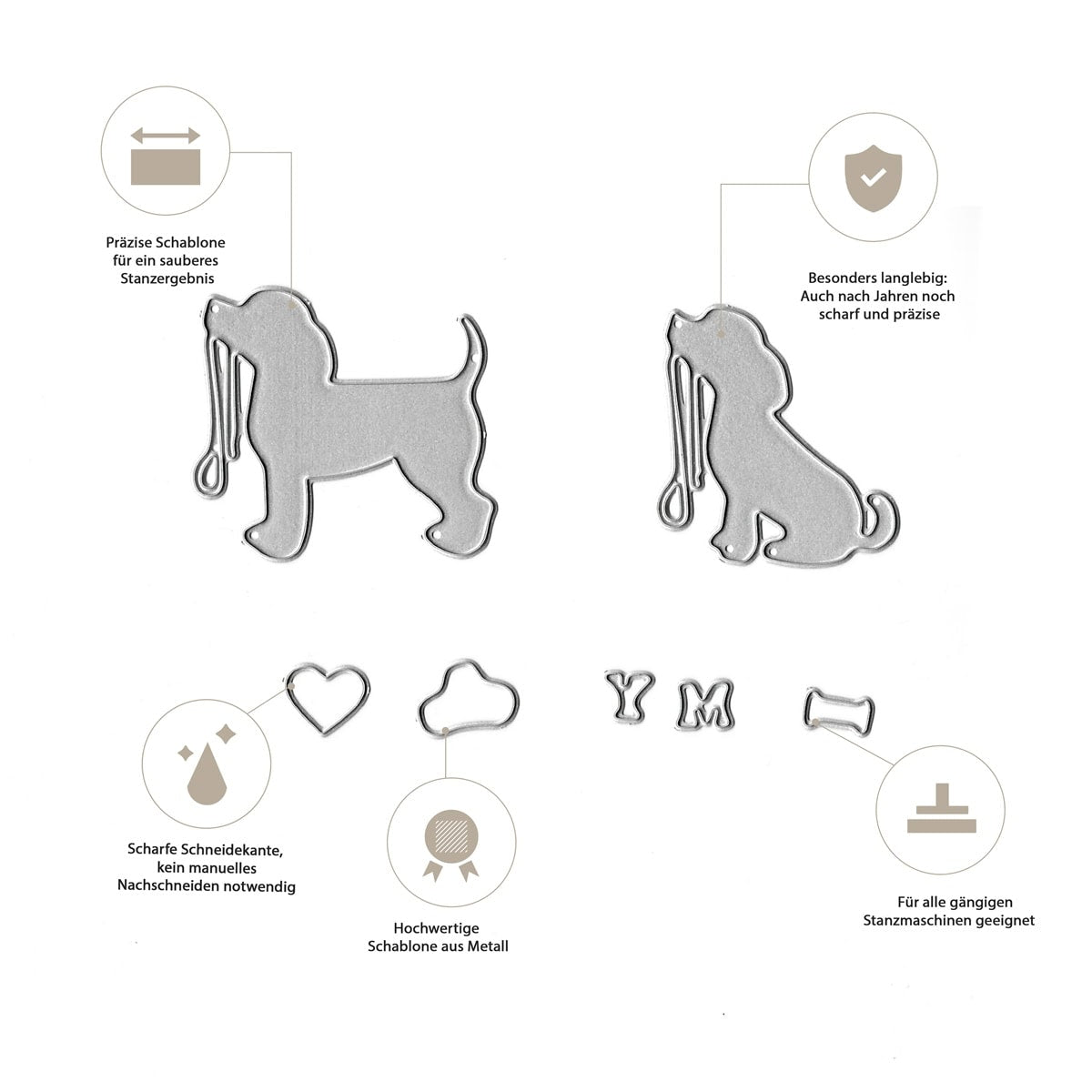Die Stanzschablone Hunde mit Leine von Stanzenshop.de enthält zwei Metallstempel für Hunde mit Leine, drei Mini-Formstempel (Herz, Wolke, Knochen) und zwei Buchstabenstempel (Y, M) - ideal für Geschenke und kreative Bastelideen für Hundefans.