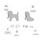 Die Stanzschablone Hunde mit Leine von Stanzenshop.de enthält zwei Metallstempel für Hunde mit Leine, drei Mini-Formstempel (Herz, Wolke, Knochen) und zwei Buchstabenstempel (Y, M) - ideal für Geschenke und kreative Bastelideen für Hundefans.