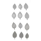 Neun mit Adern und Konturen gestanzte Metallic-Blätter aus der Stanzschablone Blätter-Mix von Stanzenshop.de sind in drei Reihen auf Weiß angeordnet - perfekt als Mittelstück für herbstliche Bastelarbeiten oder kreative DIY-Projekte. Die Designs vereinfachen sich von oben nach unten.