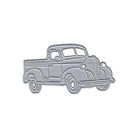 Umrissillustration der Stanzschablone Retro-Truck mit Ladefläche von Stanzenshop.de in silber mit einfachen erhabenen Details auf weiß-ideal für nostalgische Bastelideen oder Scrapbooking-Projekte.