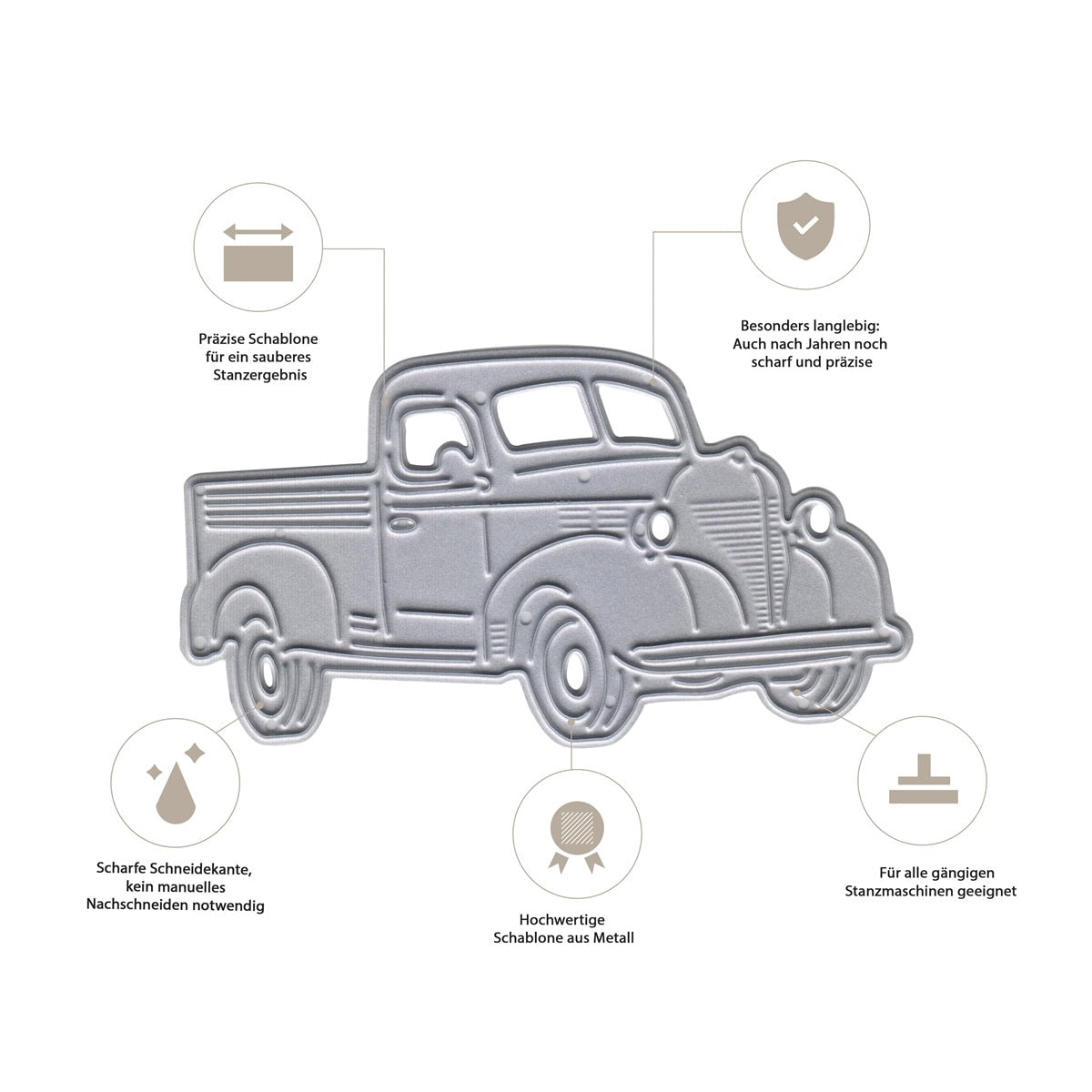 Die Stanzschablone Retro-Truck mit Ladefläche von Stanzenshop.de ist ideal für Scrapbooking und nostalgische Bastelideen - mit präzisen Konturen, langlebigem Material, vielseitiger Einsetzbarkeit und scharfer Schneidekante.