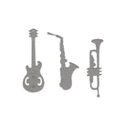 Das Stanzschablone Musik-Instrumente Set von Stanzenshop.de zeigt silberne Silhouetten von Gitarre, Saxophon und Trompete nebeneinander auf weißem Hintergrund.