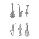 Das Stanzenshop.de Stanzschablone Musik-Instrumente Set enthält sechs metallische Instrumentenausschnitte, darunter Gitarre und Saxophon, angeordnet in zwei Reihen - ideale Akzente für kreative Bastelprojekte.