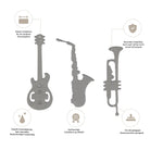 Das Stanzschablone Musik-Instrumente Set von Stanzenshop.de enthält drei Metallschablonen - Saxophon, Gitarre und Trompete - die jeweils in deutscher Sprache beschriftet sind, ideal für kreative Bastelprojekte und musikthematische Basteleien.