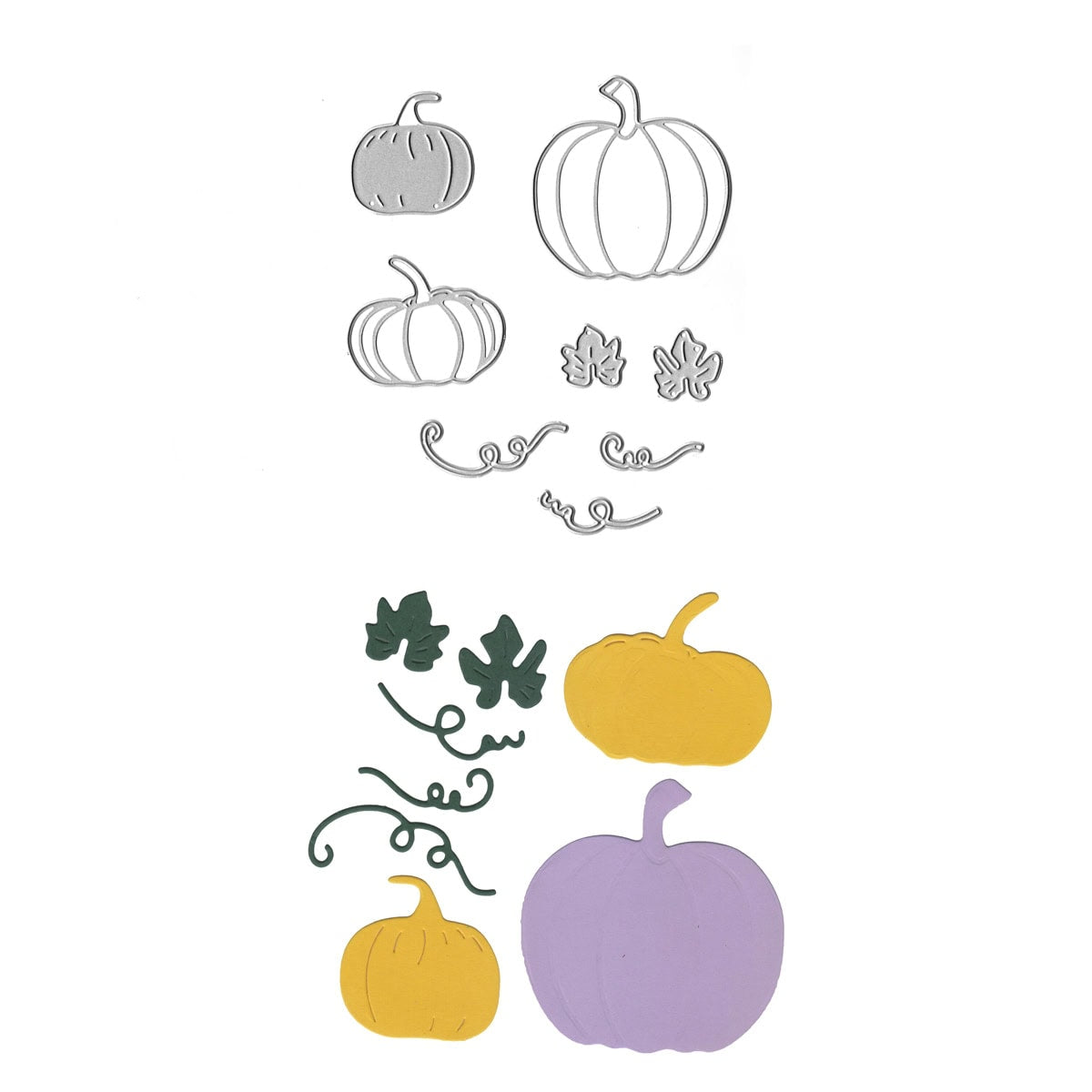 Die Stanzschablone Kürbisset Herbstdeko von Stanzenshop.de stanzt Papier in Kürbis-, Blätter- und Rankenformen - ideal für dein Bastelprojekt oder herbstliche Karten, hier auf weißem Hintergrund arrangiert.