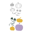 Die Stanzschablone Kürbisset Herbstdeko von Stanzenshop.de stanzt Papier in Kürbis-, Blätter- und Rankenformen - ideal für dein Bastelprojekt oder herbstliche Karten, hier auf weißem Hintergrund arrangiert.