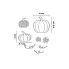 Die Stanzschablone Kürbisset Herbstdeko von Stanzenshop.de enthält Kürbis-, Blatt- und Rankenstempel aus Metall (cm-Maße), ideal für herbstliche Karten oder Bastelprojekte. Alle Formen sind auf weißem Hintergrund abgebildet.