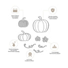 Die Stanzschablone Kürbisset Herbstdeko von Stanzenshop.de bietet Blätter- und Wirbelmotive - ideal für Bastelprojekte und herbstliche Karten. Inklusive deutscher Texte zu Produktmerkmalen und kreativen Bastelideen.
