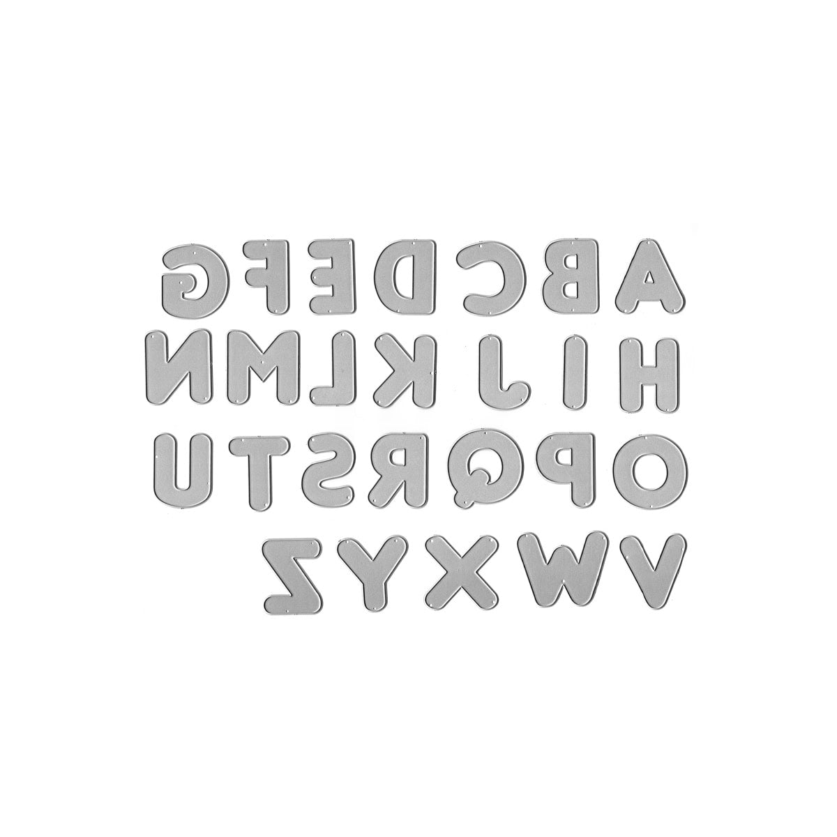 Die Stanzschablone Alphabet & Zahlen XL von Stanzenshop.de verfügt über silberne, in vier Reihen angeordnete Buchstabenausstecher mit umgekehrten Buchstaben - ideal zum Basteln von essbaren Schablonen oder einzigartigen Girlanden.