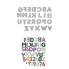 Abgebildet sind zwei Sets aus der Stanzschablone Alphabet & Zahlen XL von Stanzshop.de: oben graue, verspiegelte Großbuchstaben und unten bunte, verspiegelte Buchstaben und Zahlen im Girlanden-Stil.