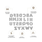Die Stanzschablone Alphabet & Zahlen XL von Stanzenshop.de ist mit vier deutschen Etiketten versehen, die die scharfen Kanten, die hohe Qualität, die Langlebigkeit und die Eignung für Girlanden und verschiedene Materialien hervorheben.